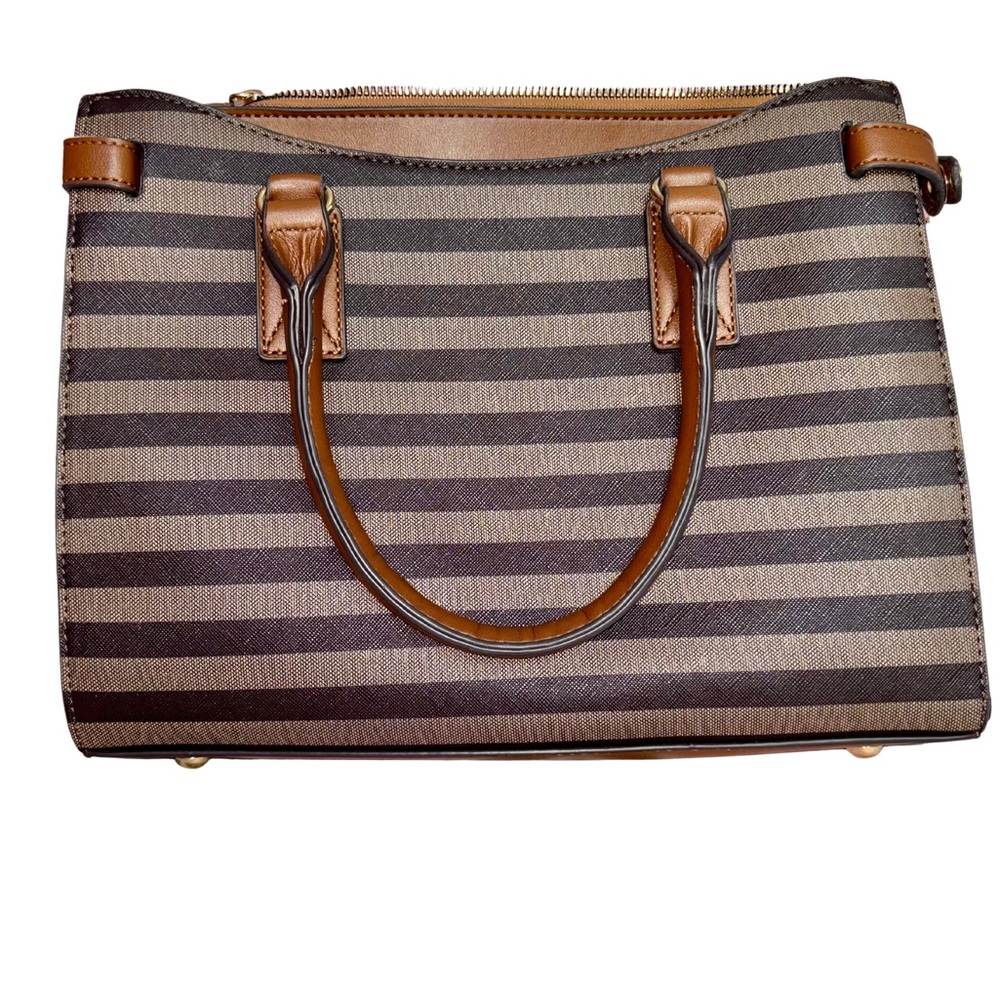 Adrienne Vittadini Chocolate Brown & Cognac Stripe Satchel w/ Gold Lock Detail - Picture 2 of 9